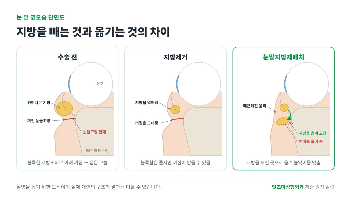 눈 밑 옆모습 단면도. 수술 전에는 지방이 앞으로 튀어나오고 바로 아래가 인대 때문에 꺼져 있다. 지방제거 후에는 불룩함은 줄지만 꺼짐이 남고, 눈밑지방재배치 후에는 인대를 풀고 지방을 꺼진 곳으로 옮겨 윤곽이 매끈해진다.
