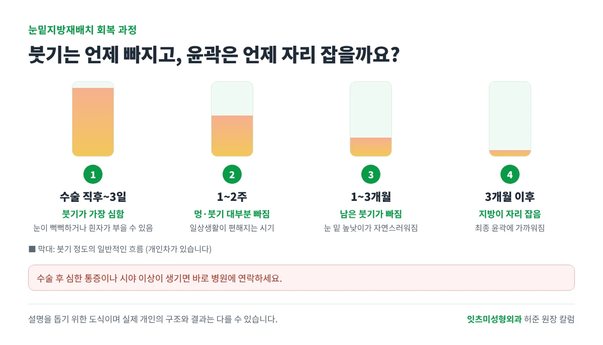 눈밑지방재배치 회복 과정 그림. 수술 직후부터 3일까지 붓기가 가장 심하고, 1~2주에 멍과 붓기가 대부분 빠지며, 1~3개월에 남은 붓기가 빠지고, 3개월 이후 최종 윤곽에 가까워진다.